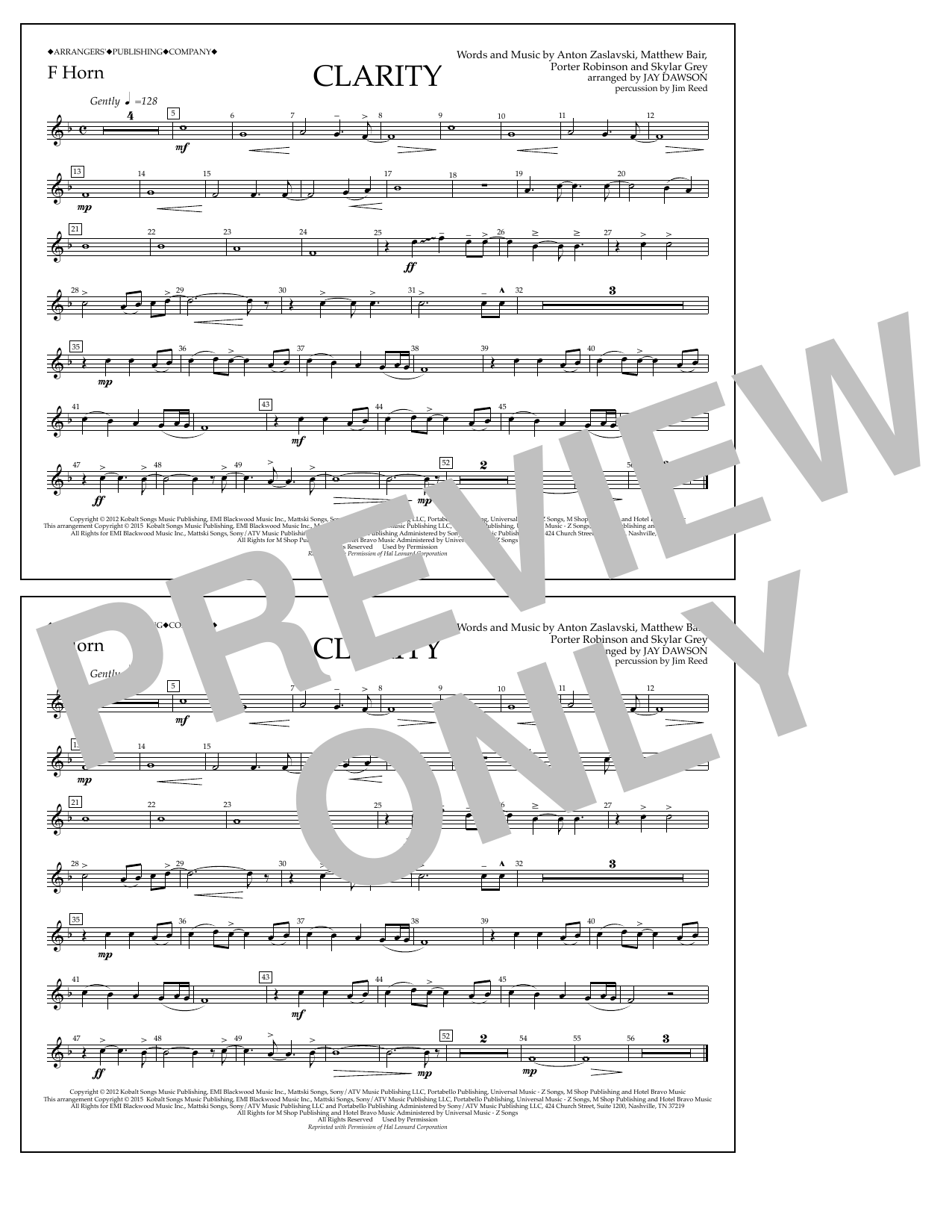 Jay Dawson Clarity - F Horn sheet music notes and chords arranged for Marching Band
