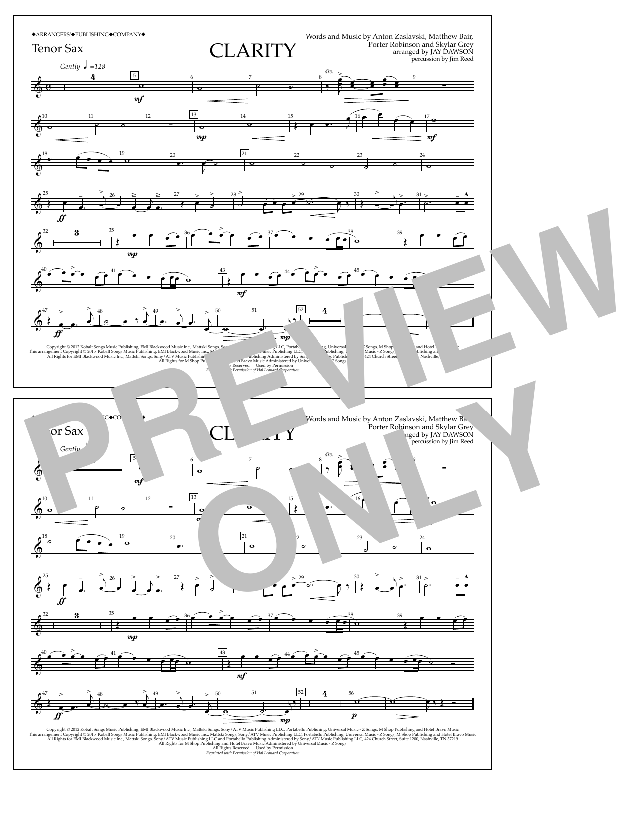 Jay Dawson Clarity - Tenor Sax sheet music notes and chords arranged for Marching Band
