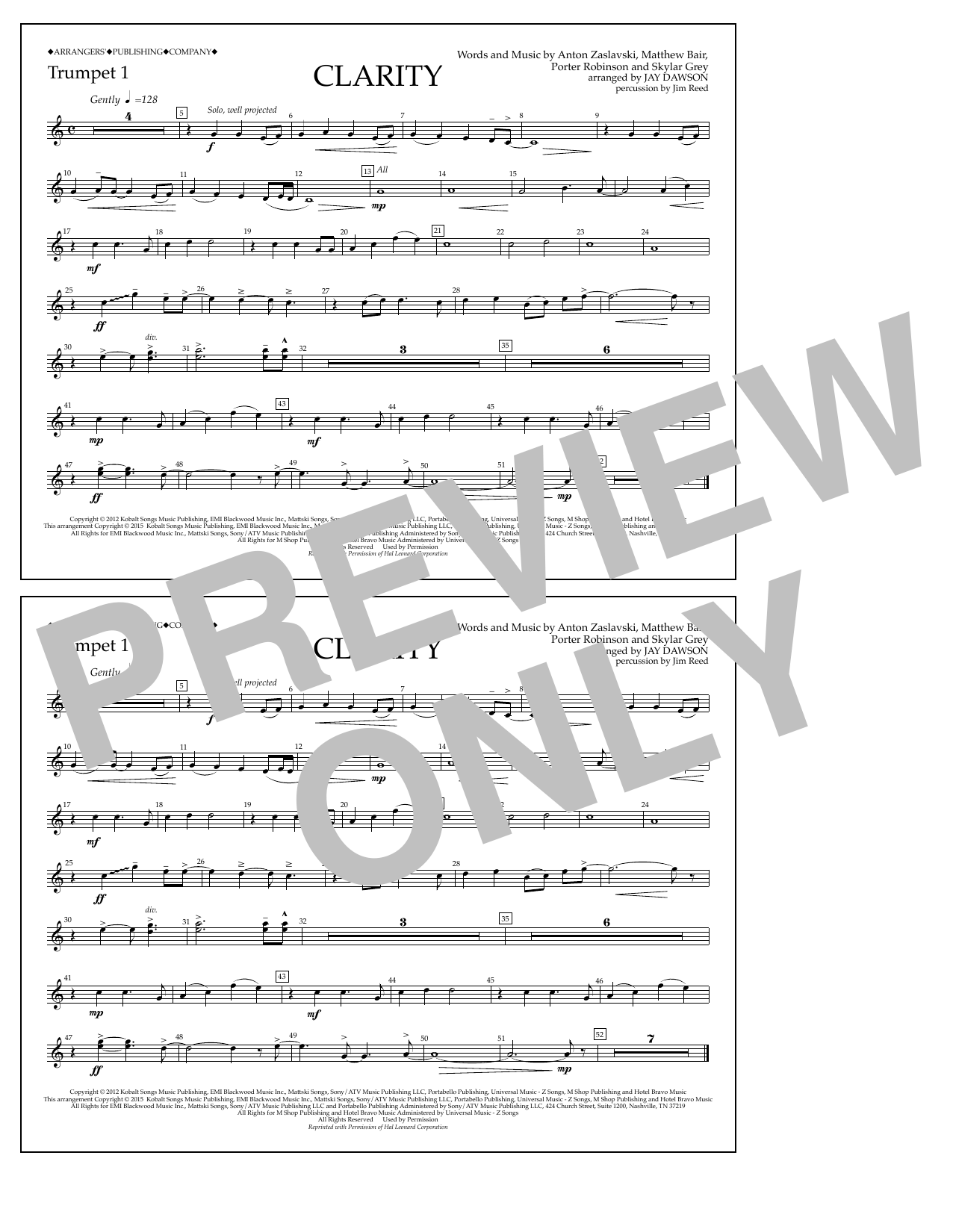 Jay Dawson Clarity - Trumpet 1 sheet music notes and chords arranged for Marching Band