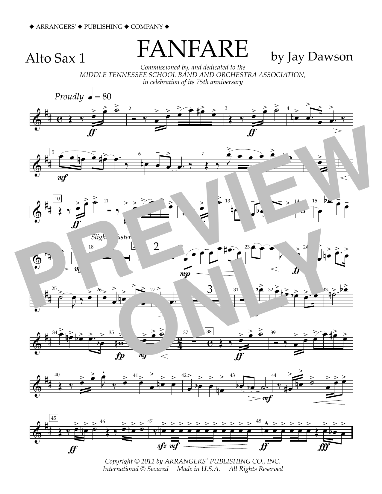 Jay Dawson Fanfare - Alto Sax 1 sheet music notes and chords arranged for Concert Band