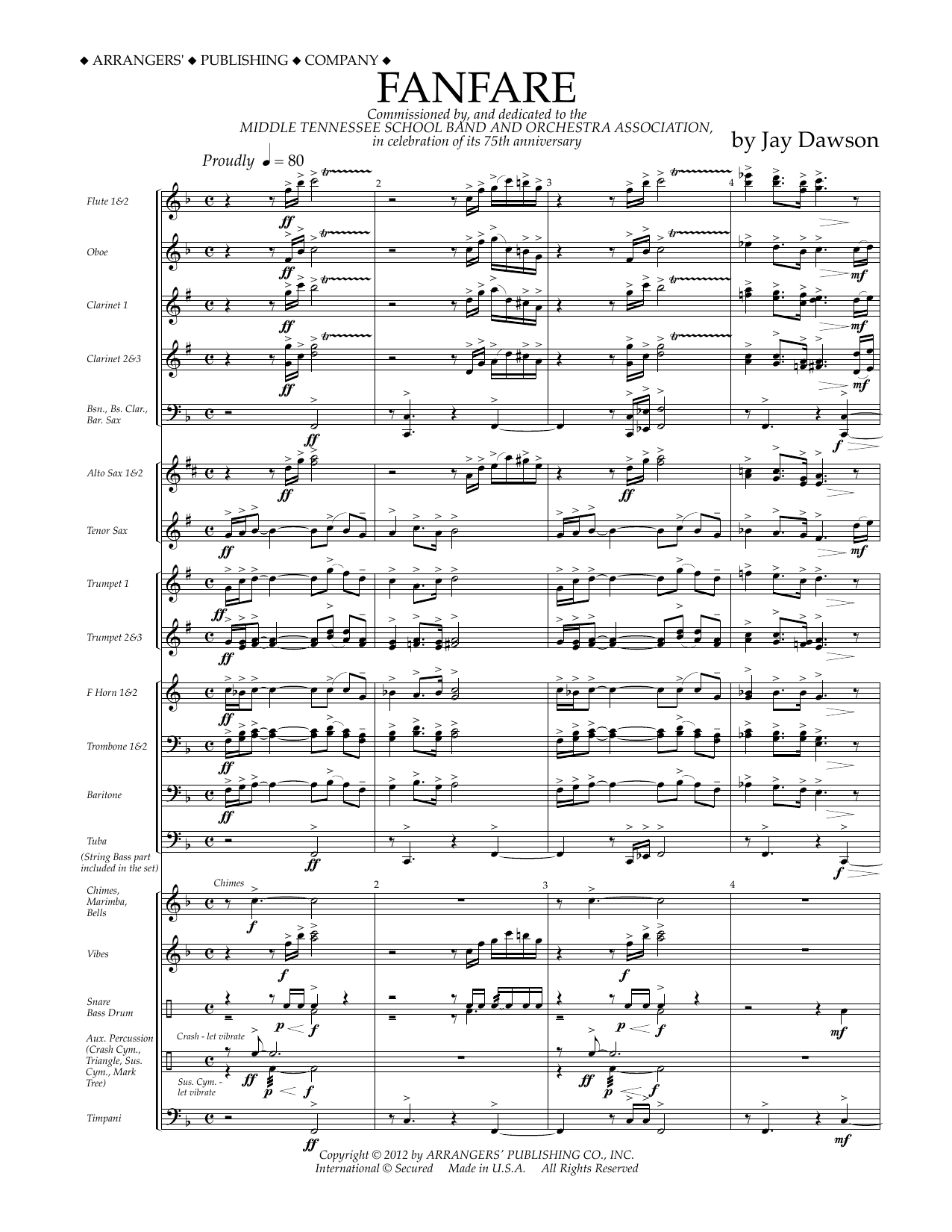 Jay Dawson Fanfare - Full Score sheet music notes and chords arranged for Concert Band
