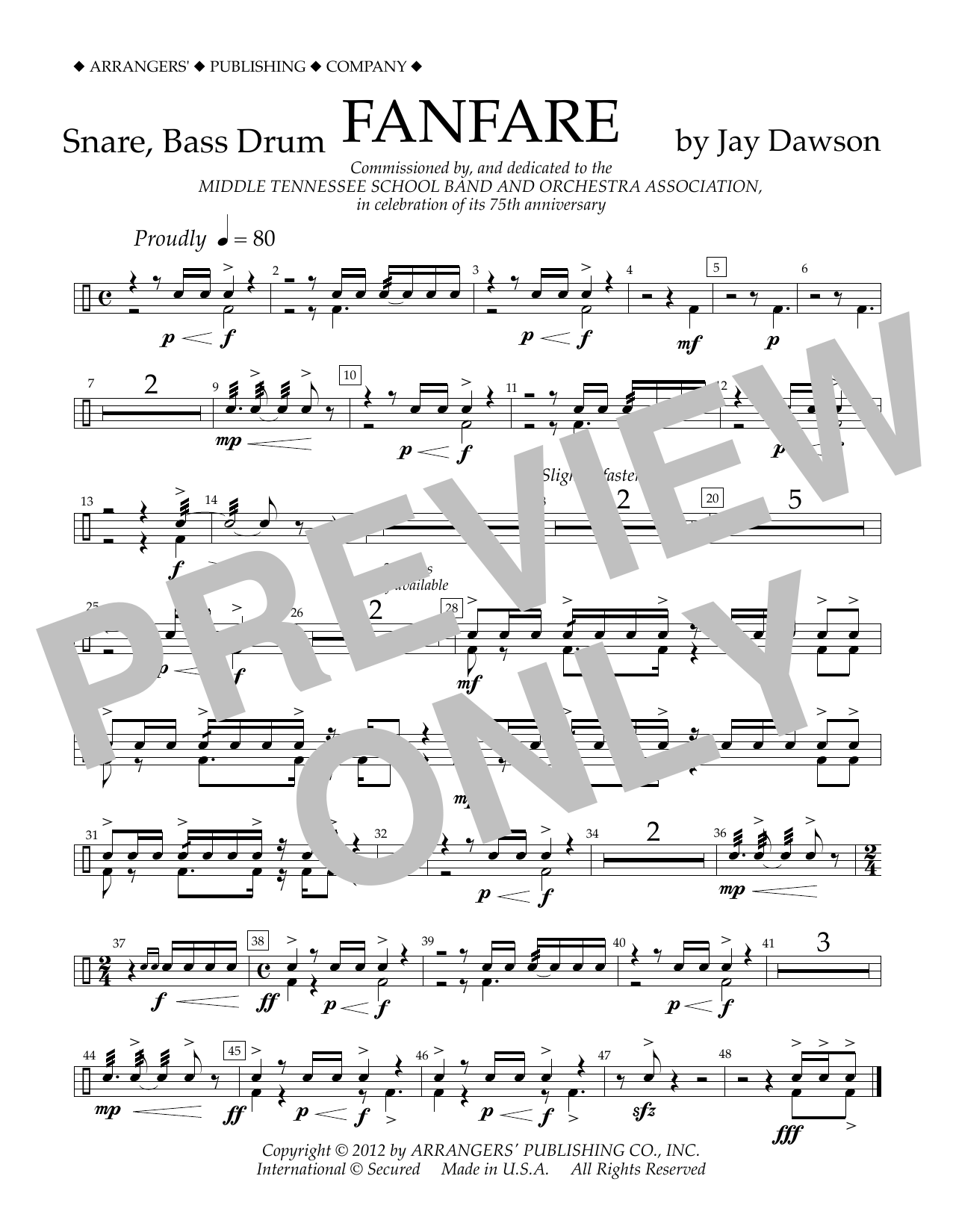 Jay Dawson Fanfare - Snare, Bass Drum sheet music notes and chords arranged for Concert Band