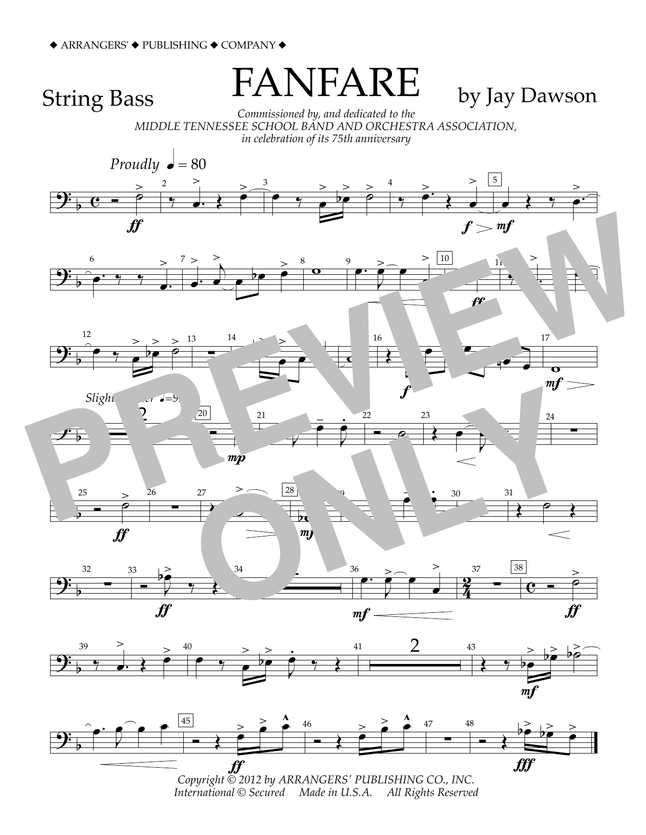 Jay Dawson Fanfare - String Bass sheet music notes and chords arranged for Concert Band