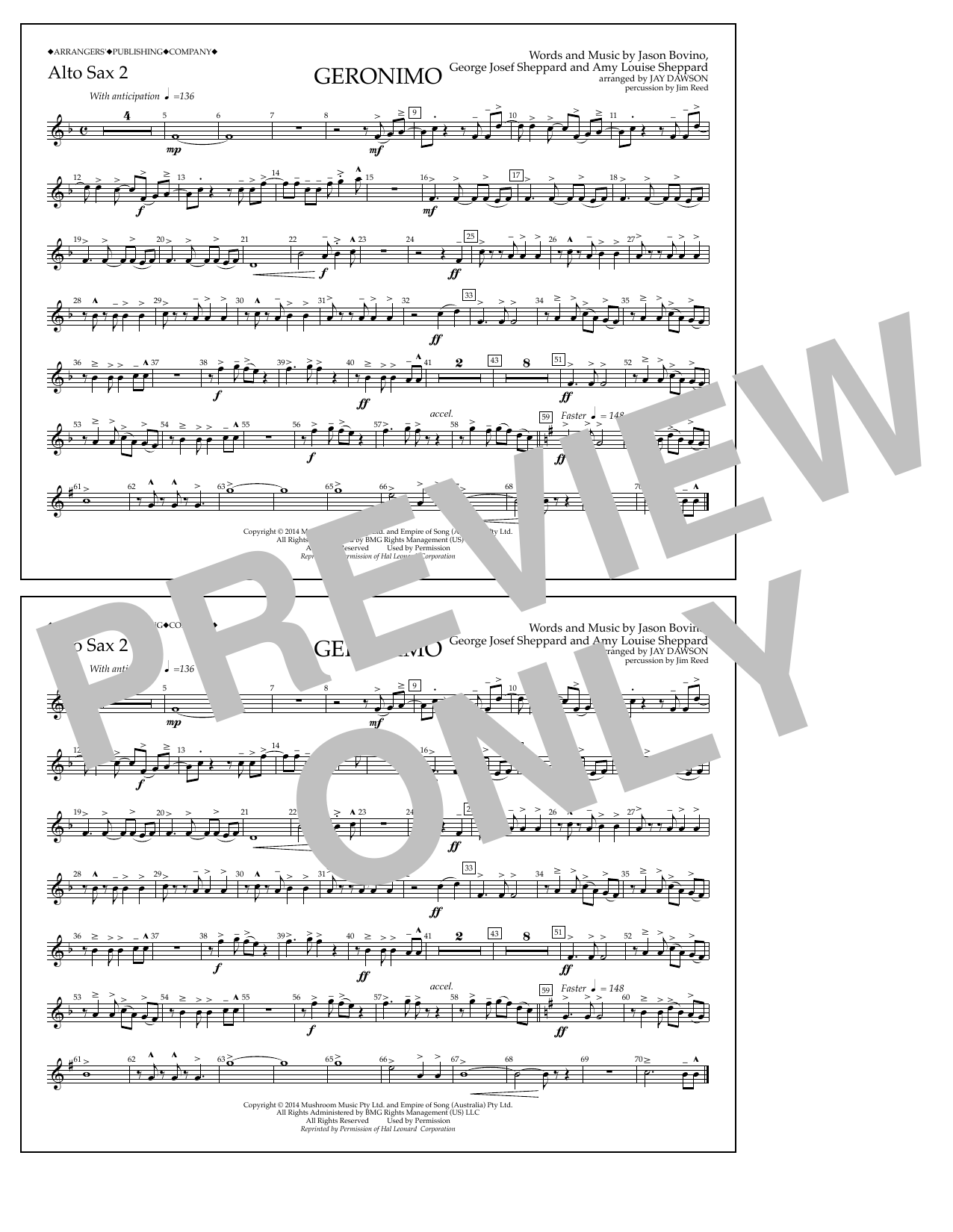 Jay Dawson Geronimo - Alto Sax 2 sheet music notes and chords arranged for Marching Band