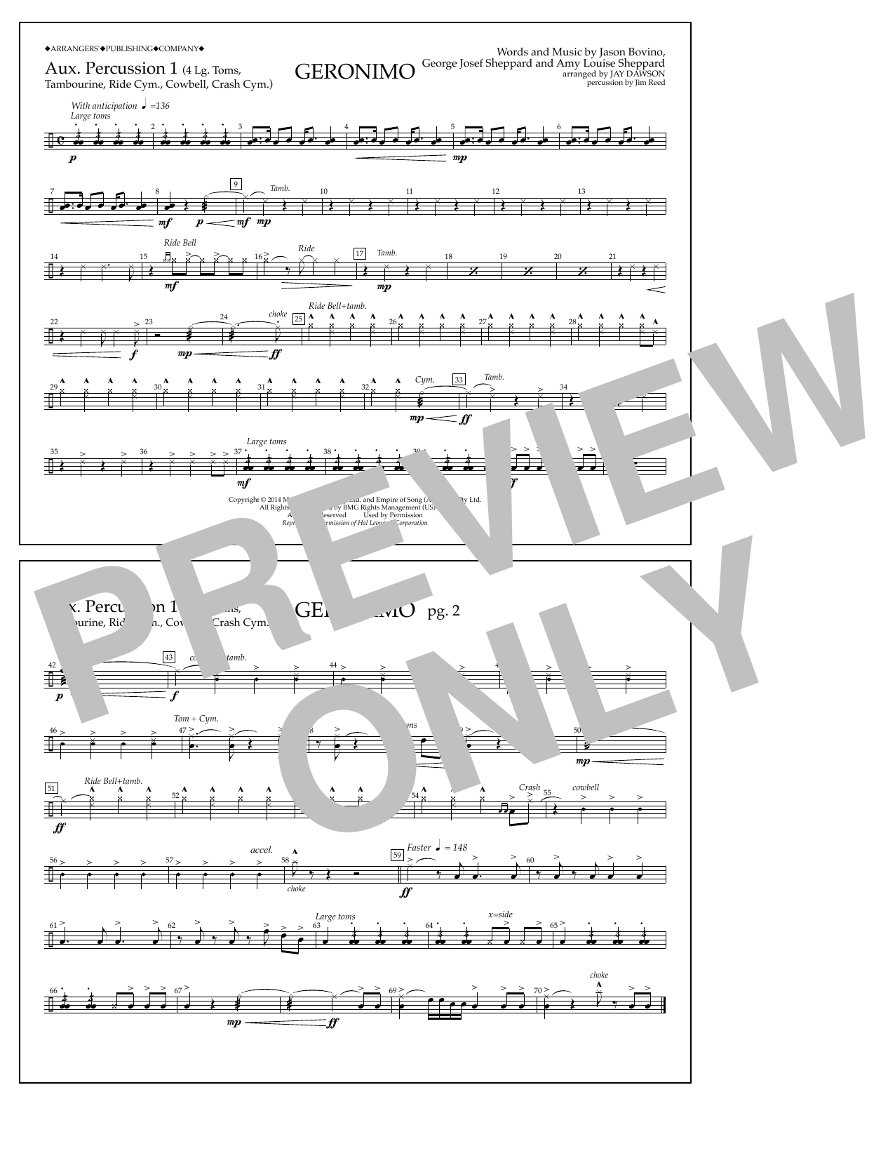 Jay Dawson Geronimo - Aux. Perc. 1 sheet music notes and chords arranged for Marching Band
