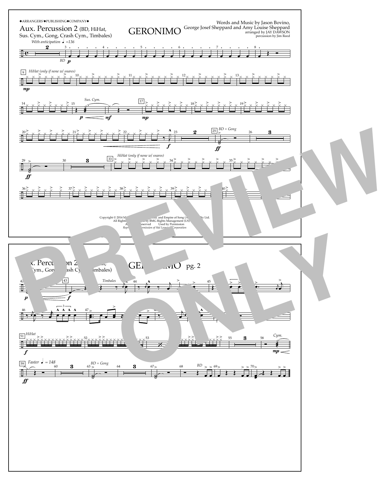 Jay Dawson Geronimo - Aux. Perc. 2 sheet music notes and chords arranged for Marching Band