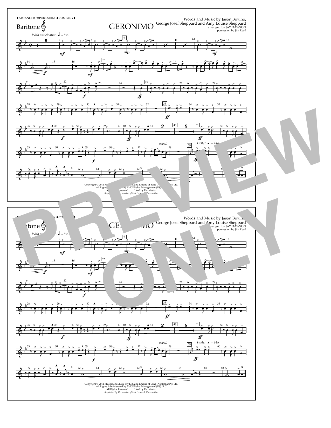 Jay Dawson Geronimo - Baritone T.C. sheet music notes and chords arranged for Marching Band