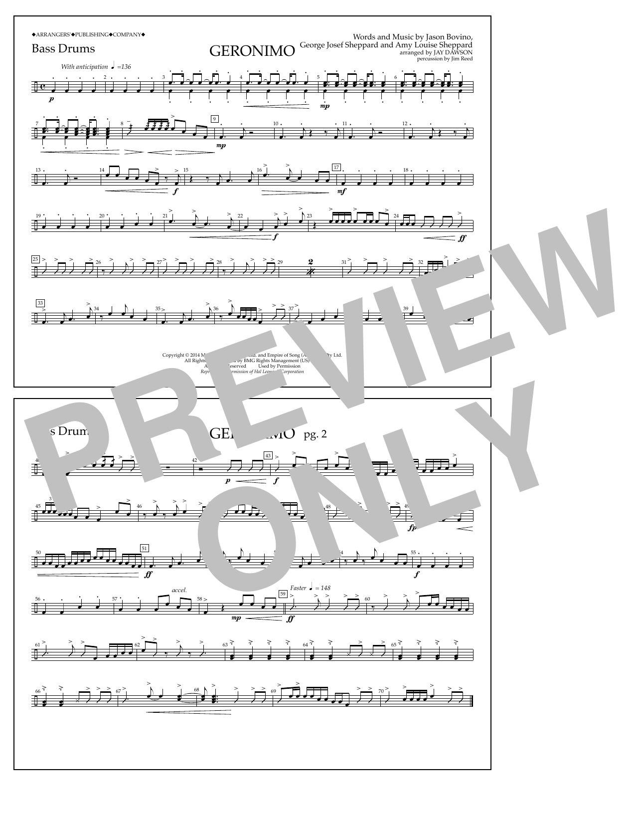 Jay Dawson Geronimo - Bass Drums sheet music notes and chords arranged for Marching Band