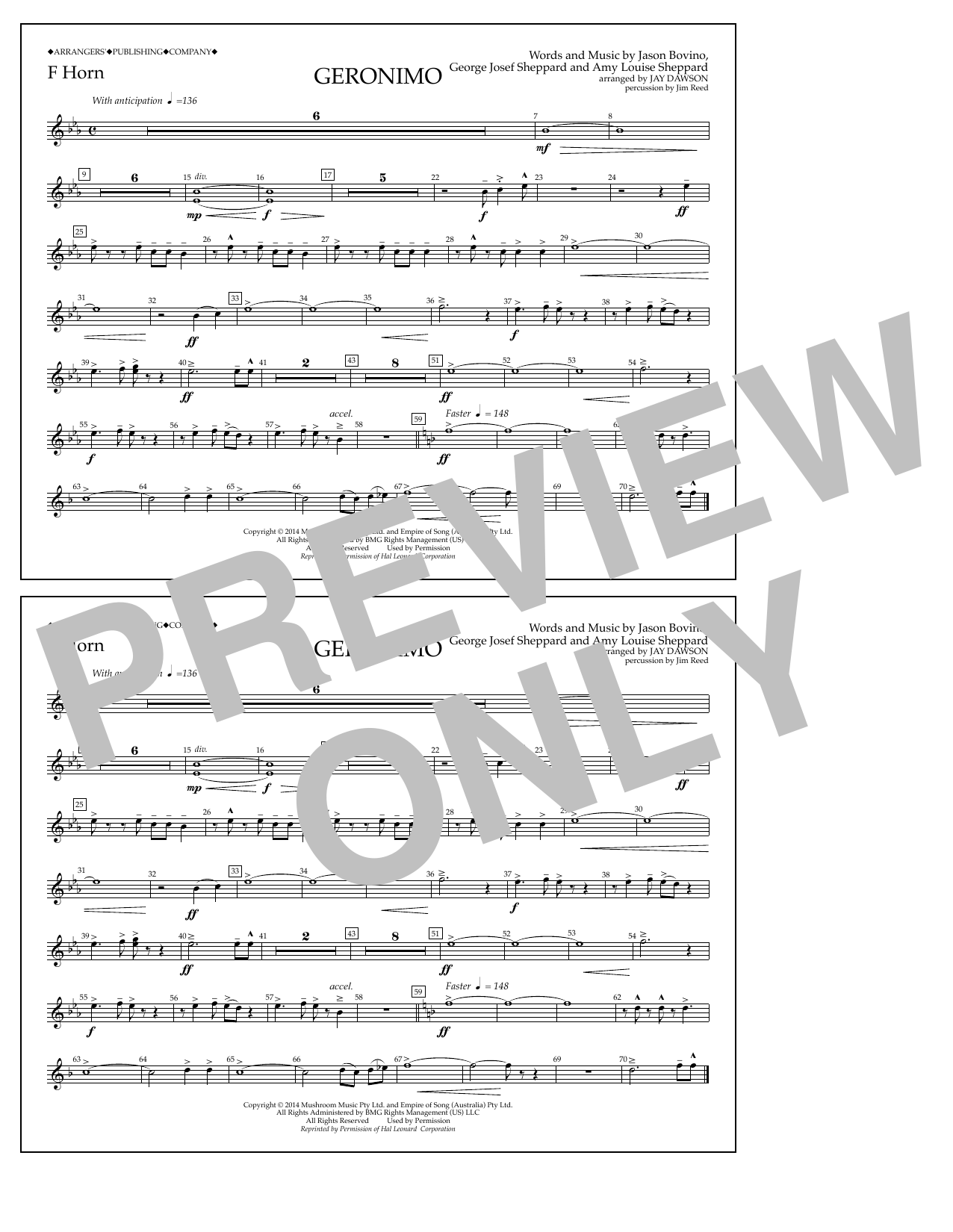 Jay Dawson Geronimo - F Horn sheet music notes and chords arranged for Marching Band
