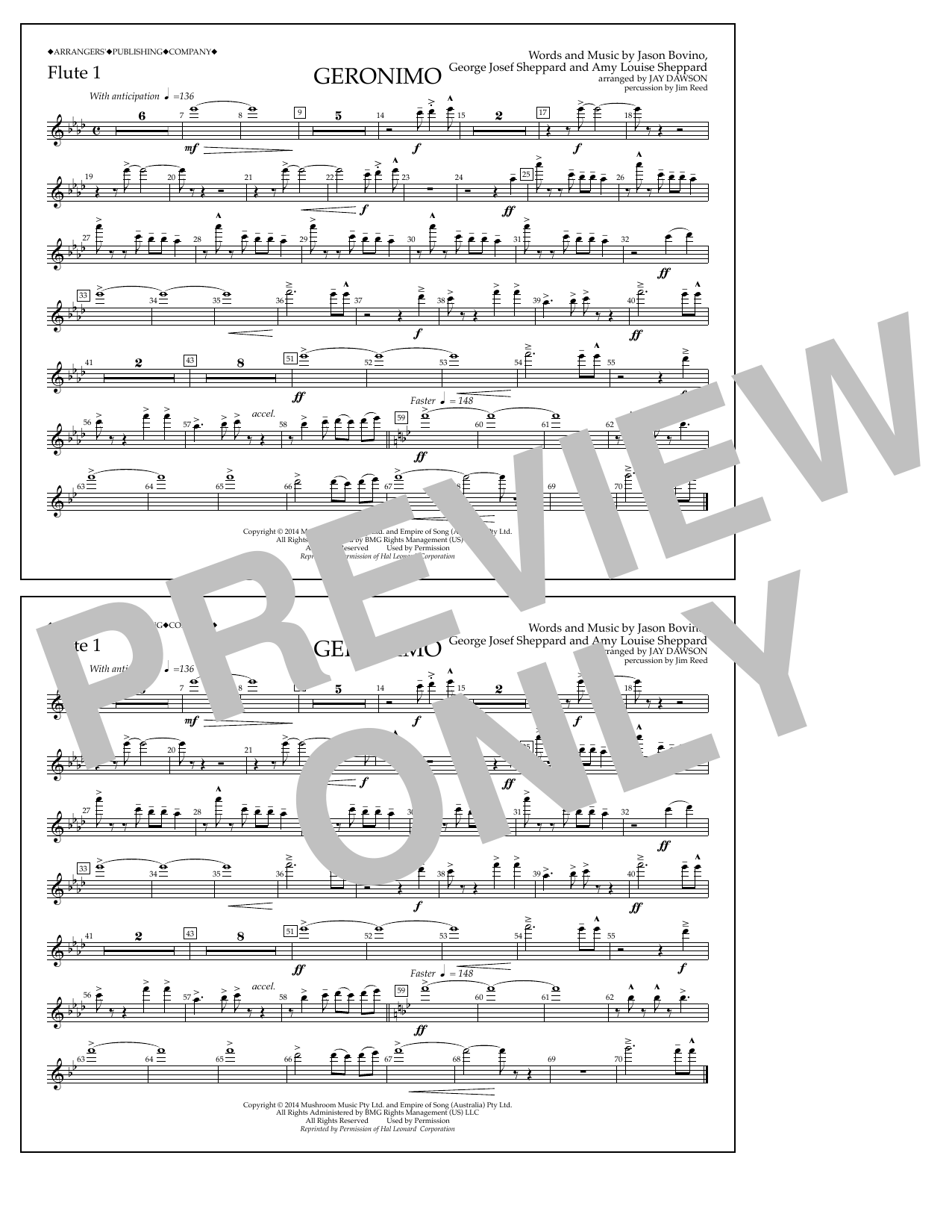 Jay Dawson Geronimo - Flute 1 sheet music notes and chords arranged for Marching Band