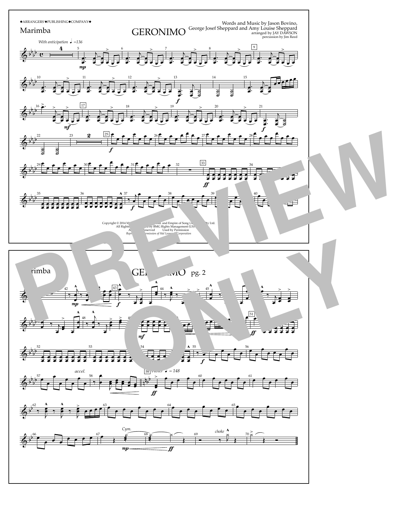 Jay Dawson Geronimo - Marimba sheet music notes and chords arranged for Marching Band