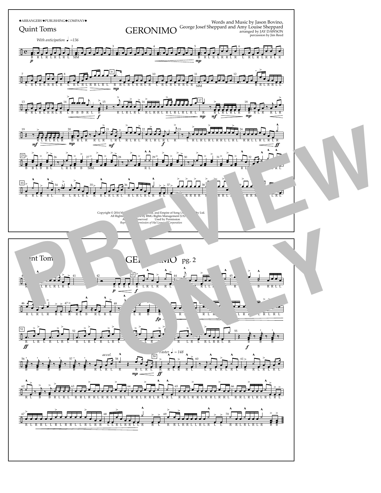 Jay Dawson Geronimo - Quint-Toms sheet music notes and chords arranged for Marching Band