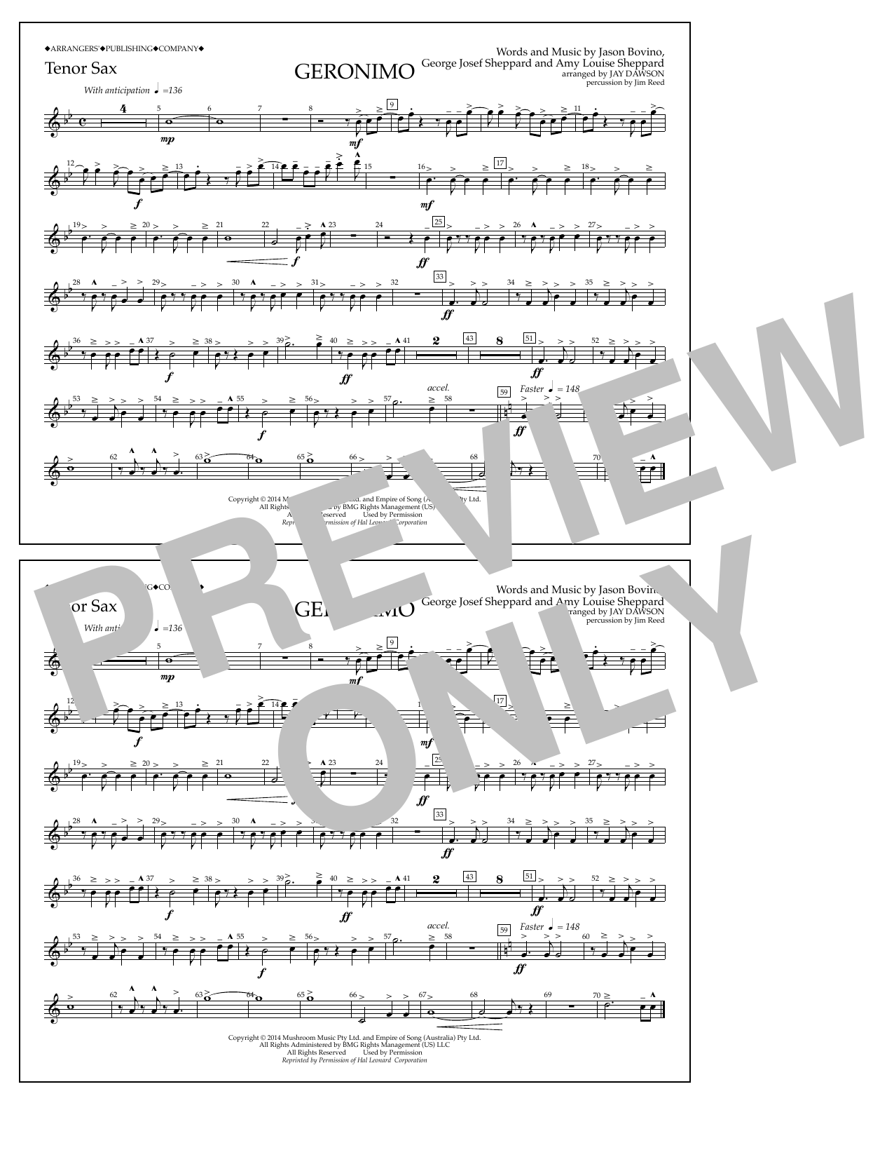 Jay Dawson Geronimo - Tenor Sax sheet music notes and chords arranged for Marching Band