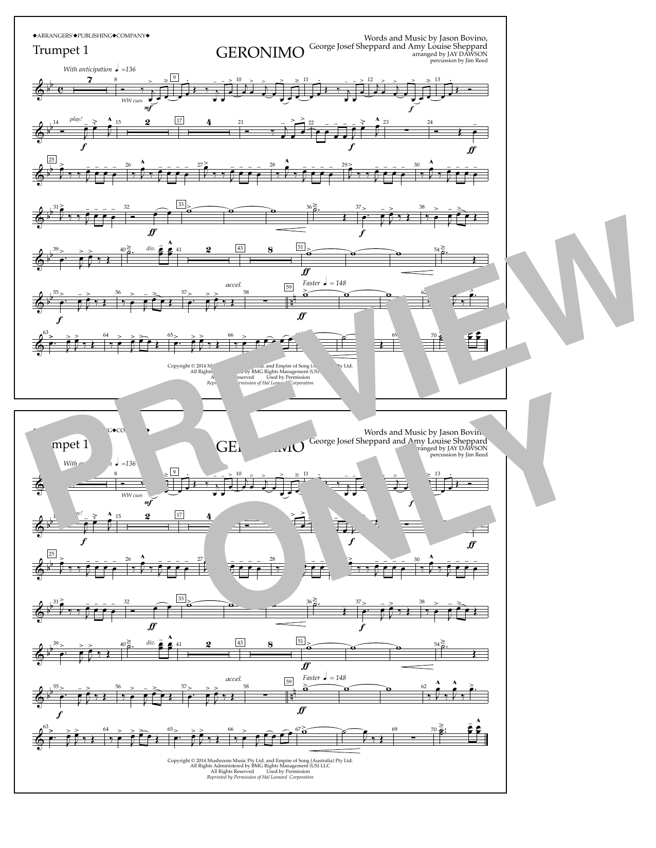 Jay Dawson Geronimo - Trumpet 1 sheet music notes and chords arranged for Marching Band
