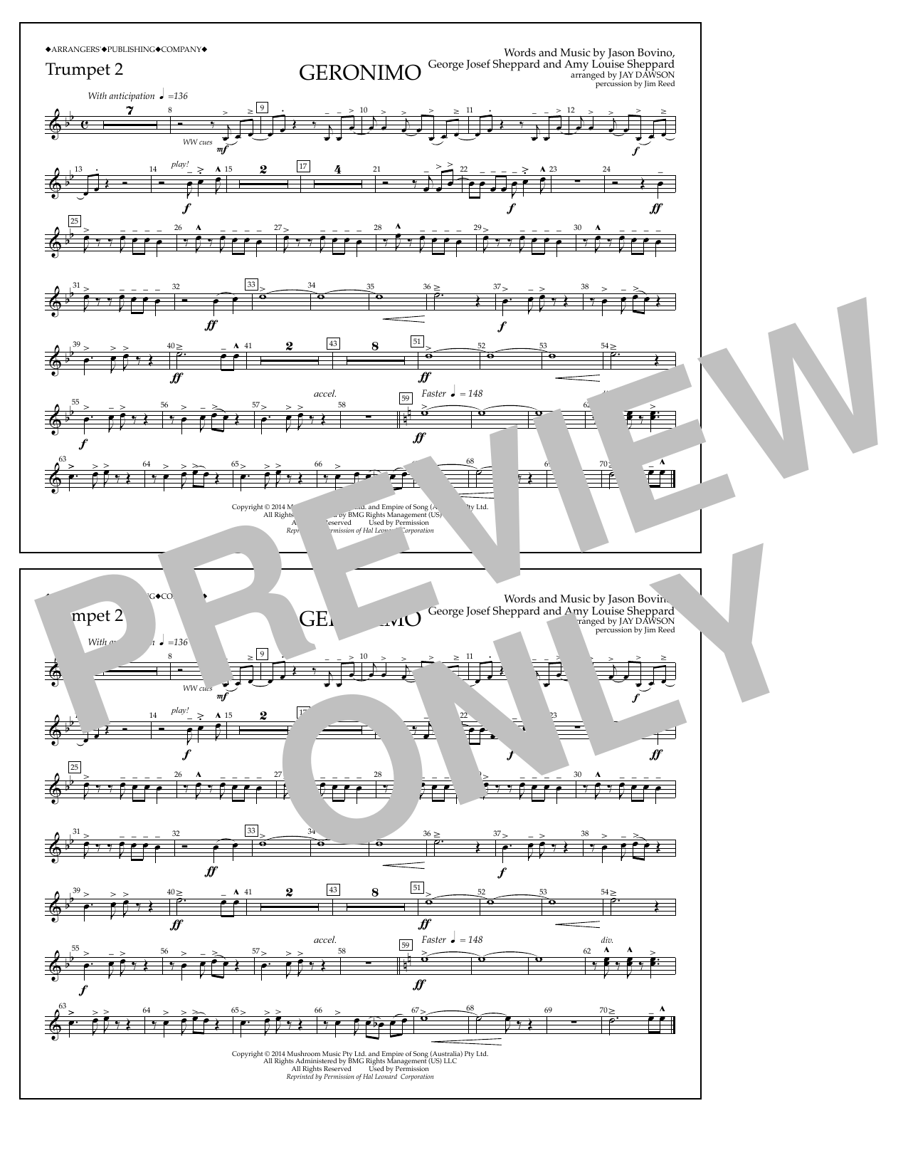 Jay Dawson Geronimo - Trumpet 2 sheet music notes and chords arranged for Marching Band