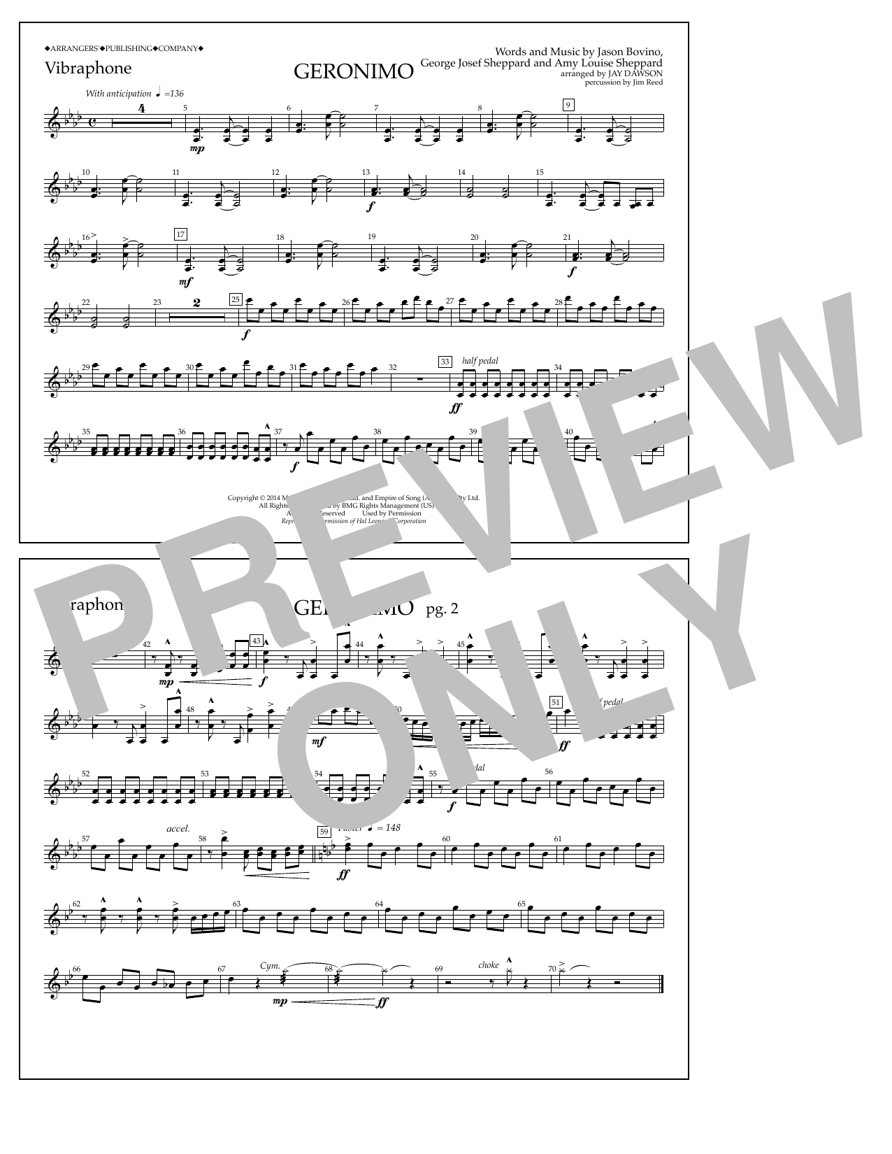Jay Dawson Geronimo - Vibraphone sheet music notes and chords arranged for Marching Band