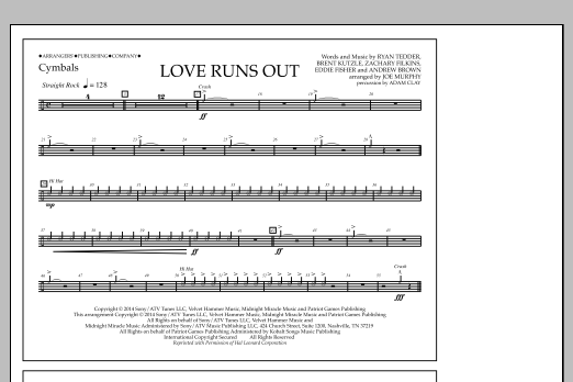 Jay Dawson Love Runs Out - Cymbals sheet music notes and chords arranged for Marching Band