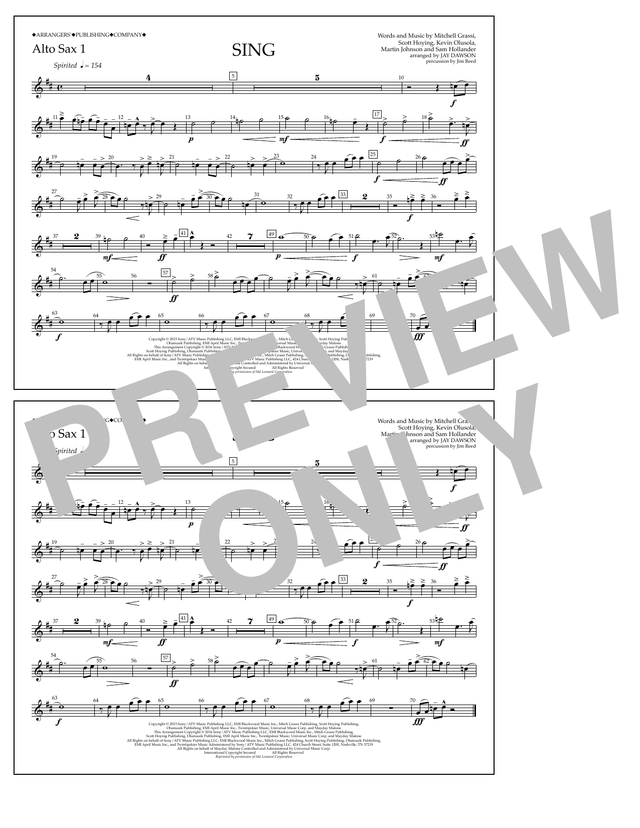 Jay Dawson Sing - Alto Sax 1 sheet music notes and chords arranged for Marching Band