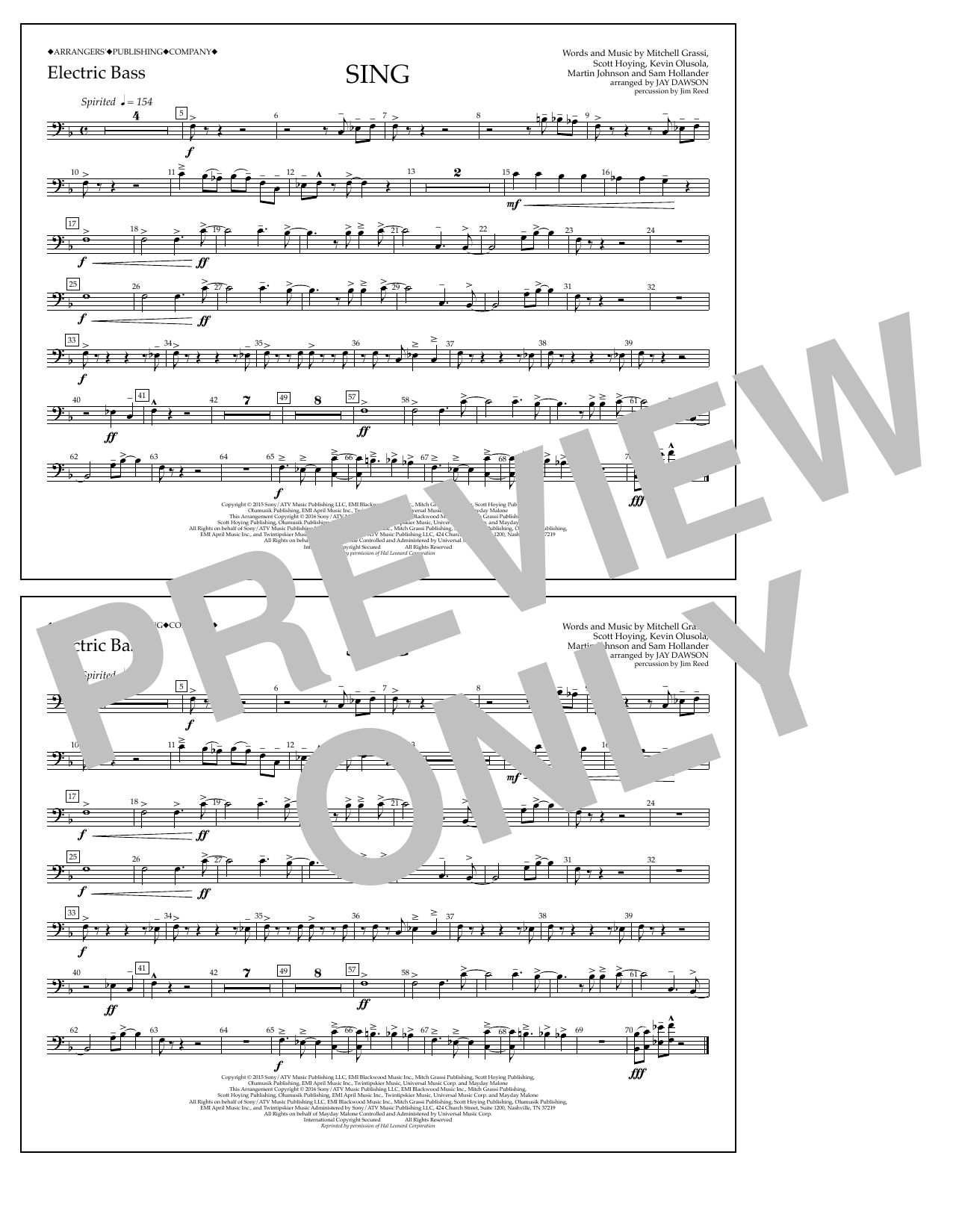 Jay Dawson Sing - Electric Bass sheet music notes and chords arranged for Marching Band