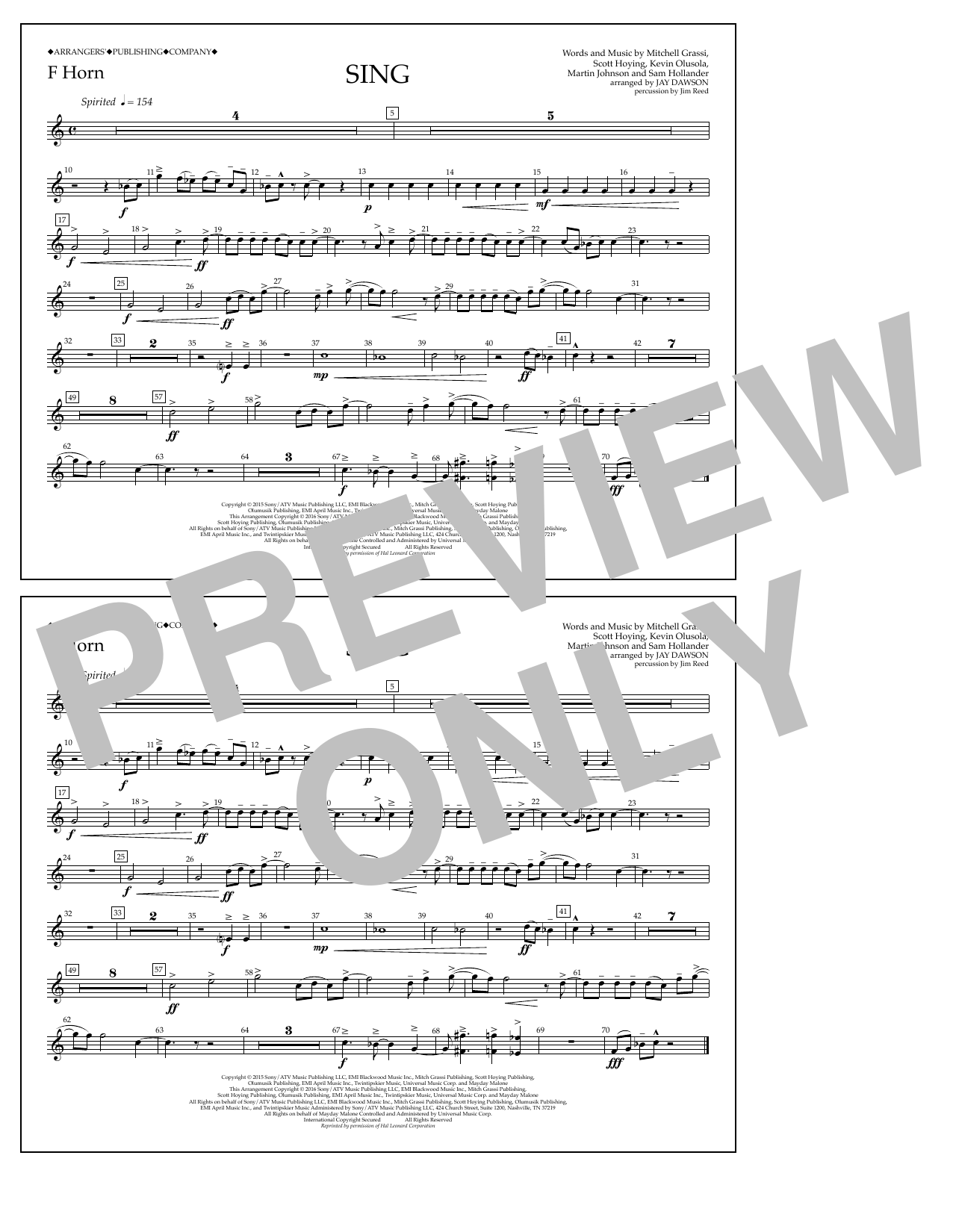 Jay Dawson Sing - F Horn sheet music notes and chords arranged for Marching Band