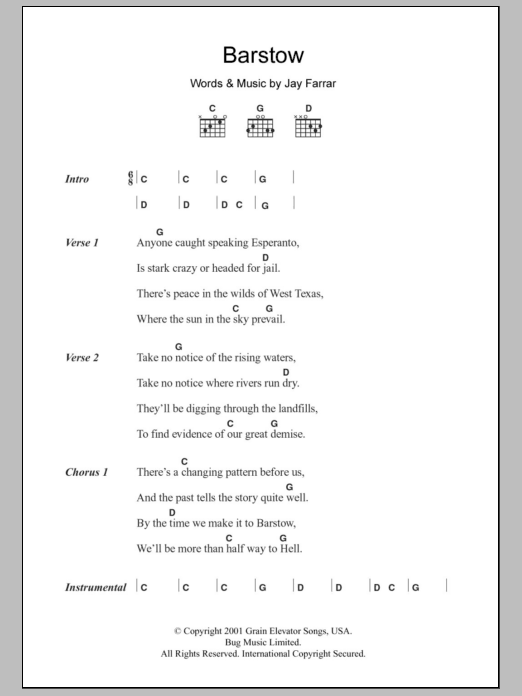 Jay Farrar Barstow sheet music notes and chords arranged for Guitar Chords/Lyrics