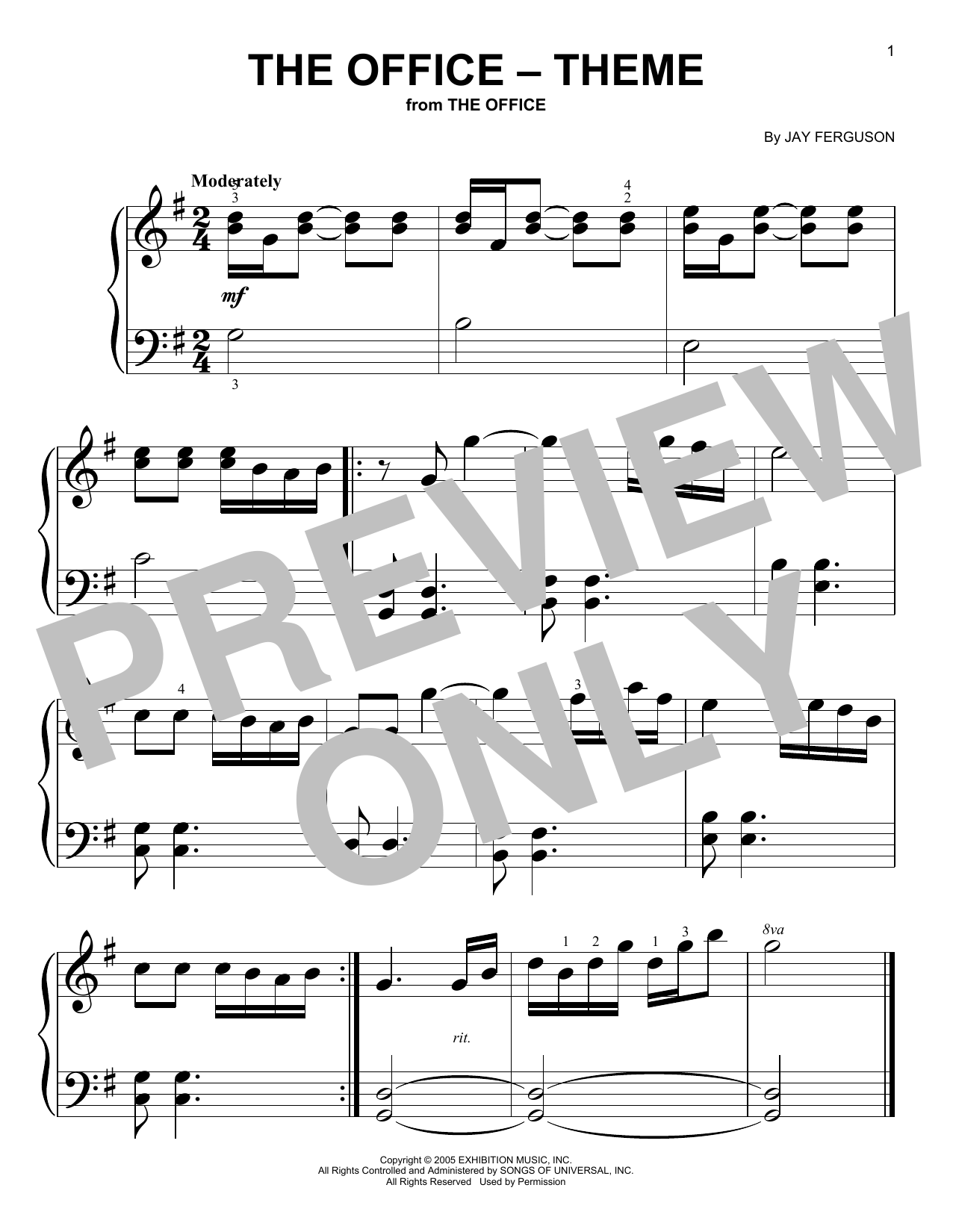 Jay Ferguson The Office - Theme sheet music notes and chords arranged for Big Note Piano