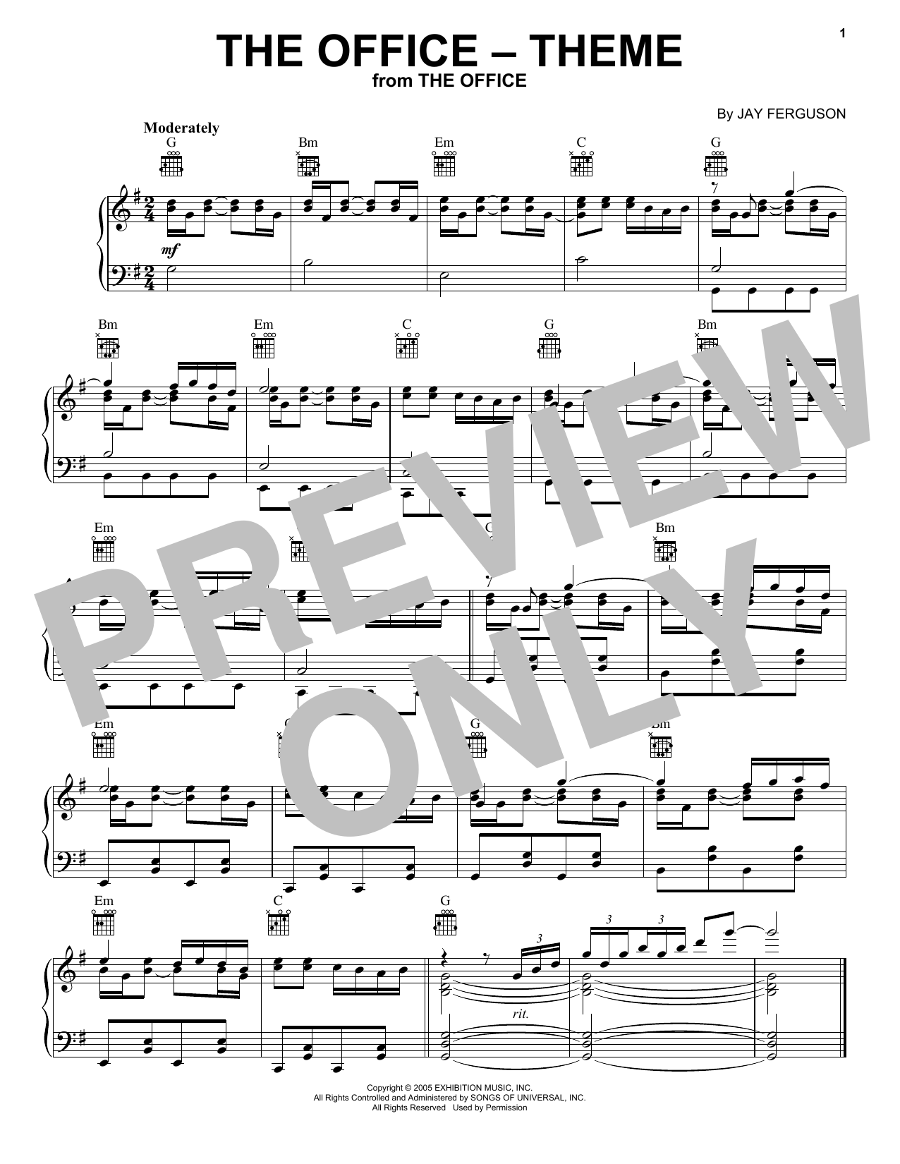 Jay Ferguson The Office (Theme) sheet music notes and chords arranged for Piano Solo