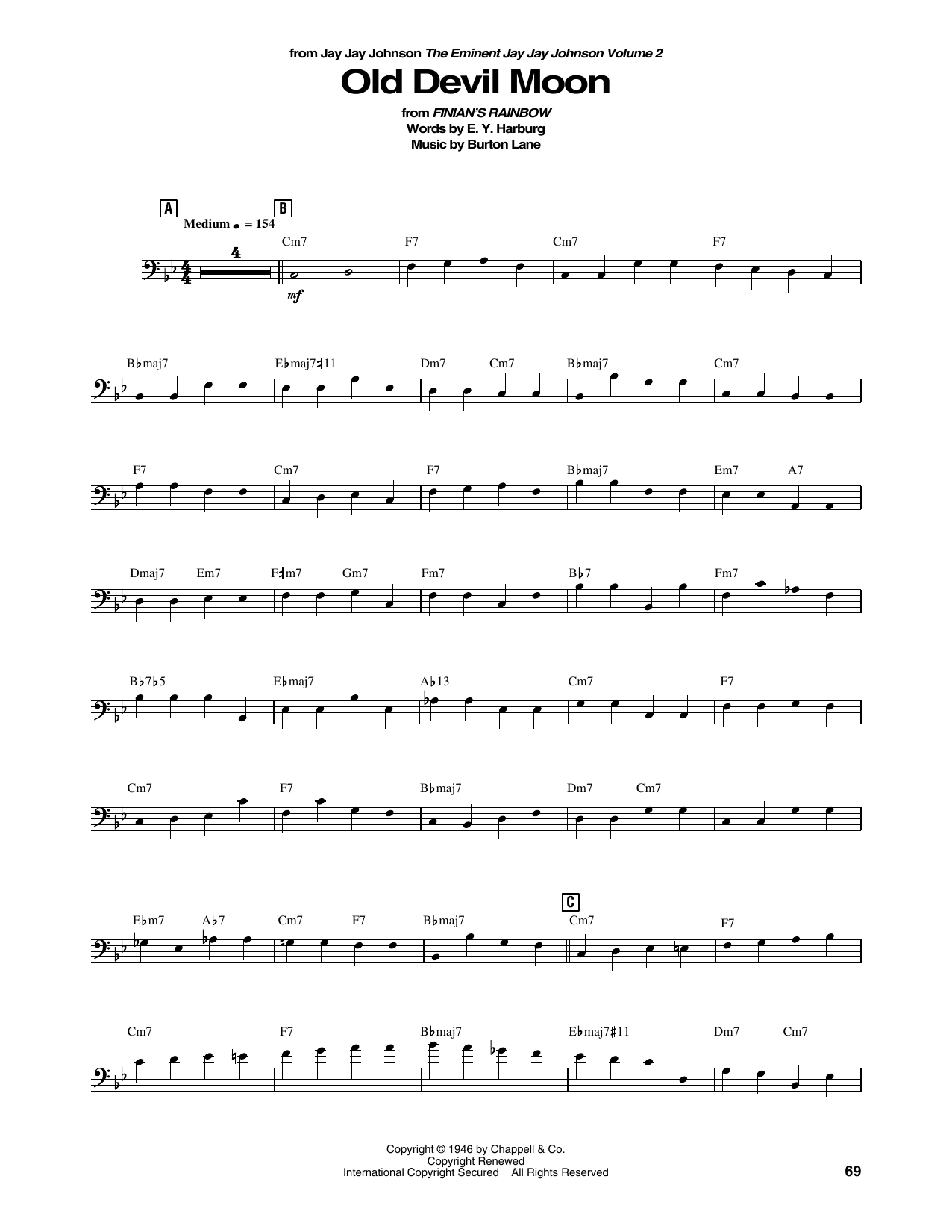 Jay Jay Johnson Old Devil Moon sheet music notes and chords arranged for String Bass Transcription