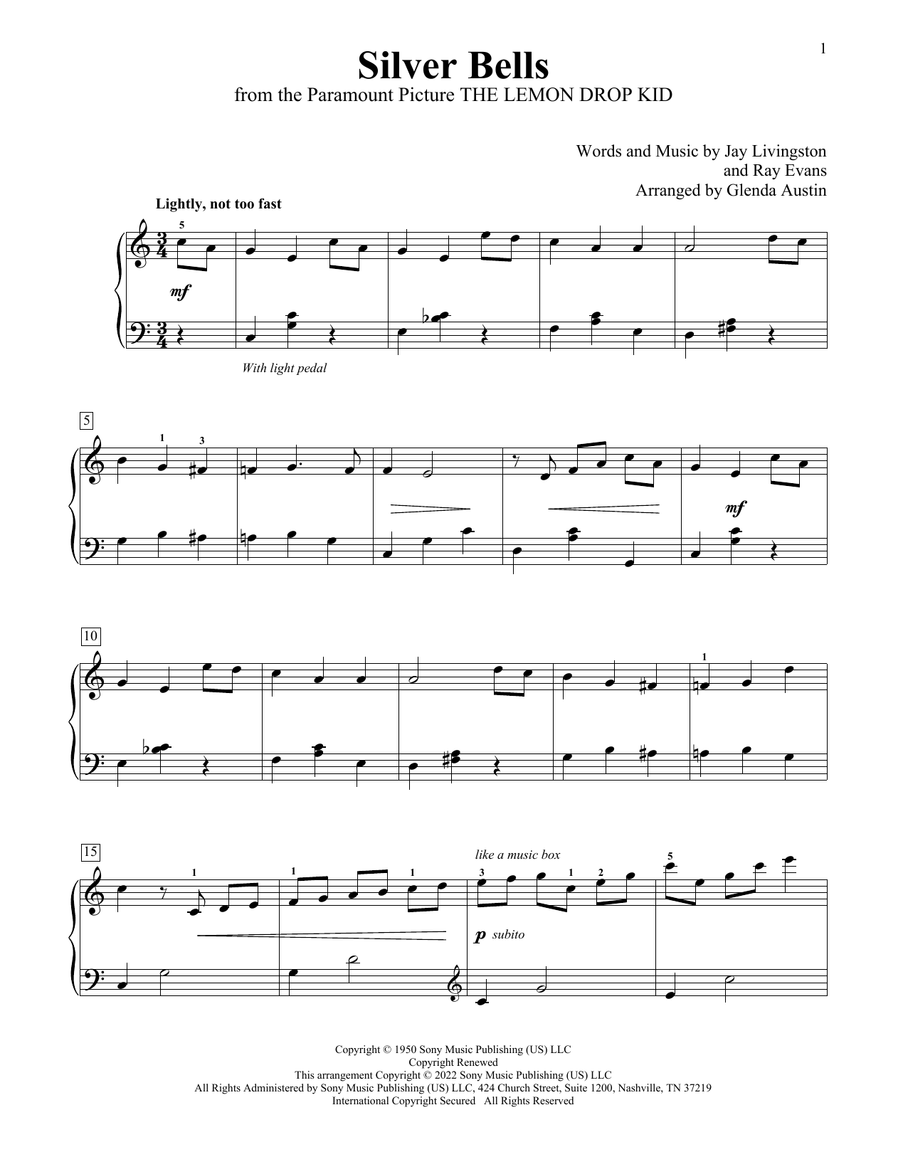 Jay Livingston & Ray Evans Silver Bells (arr. Glenda Austin) sheet music notes and chords arranged for Educational Piano