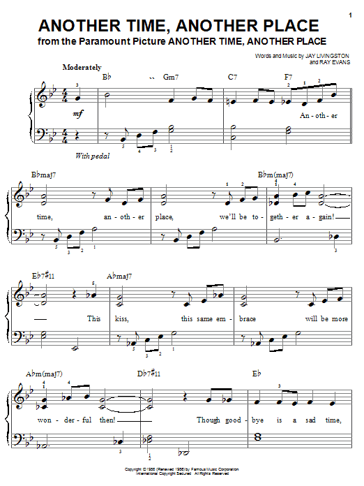 Jay Livingston Another Time, Another Place sheet music notes and chords arranged for Easy Piano
