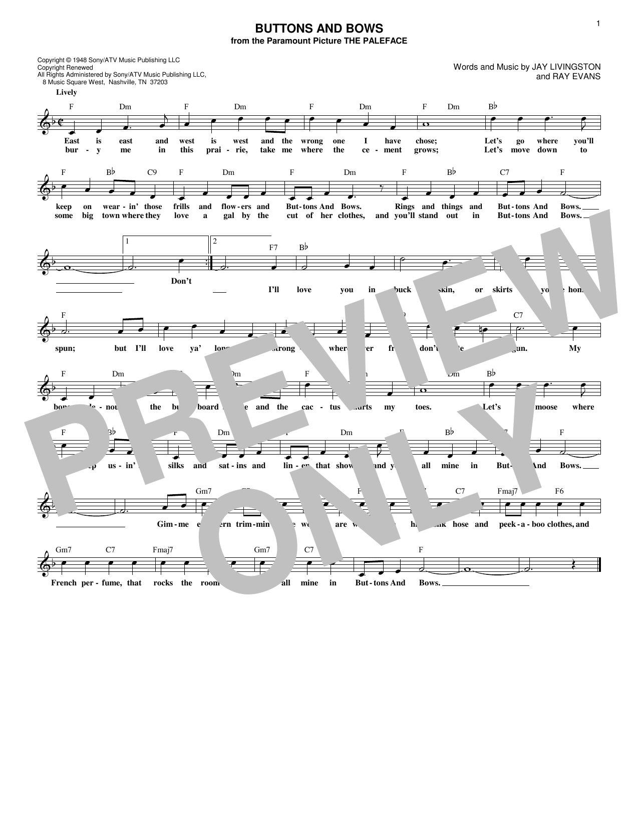 Jay Livingston Buttons And Bows sheet music notes and chords arranged for Lead Sheet / Fake Book