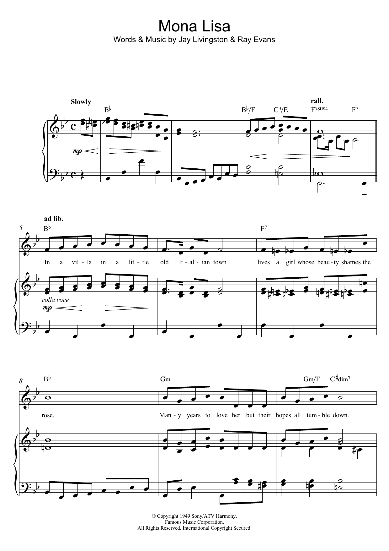 Jay Livingston Mona Lisa sheet music notes and chords arranged for Piano, Vocal & Guitar Chords