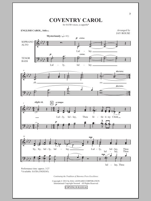 Jay Rouse Coventry Carol sheet music notes and chords arranged for SATB Choir