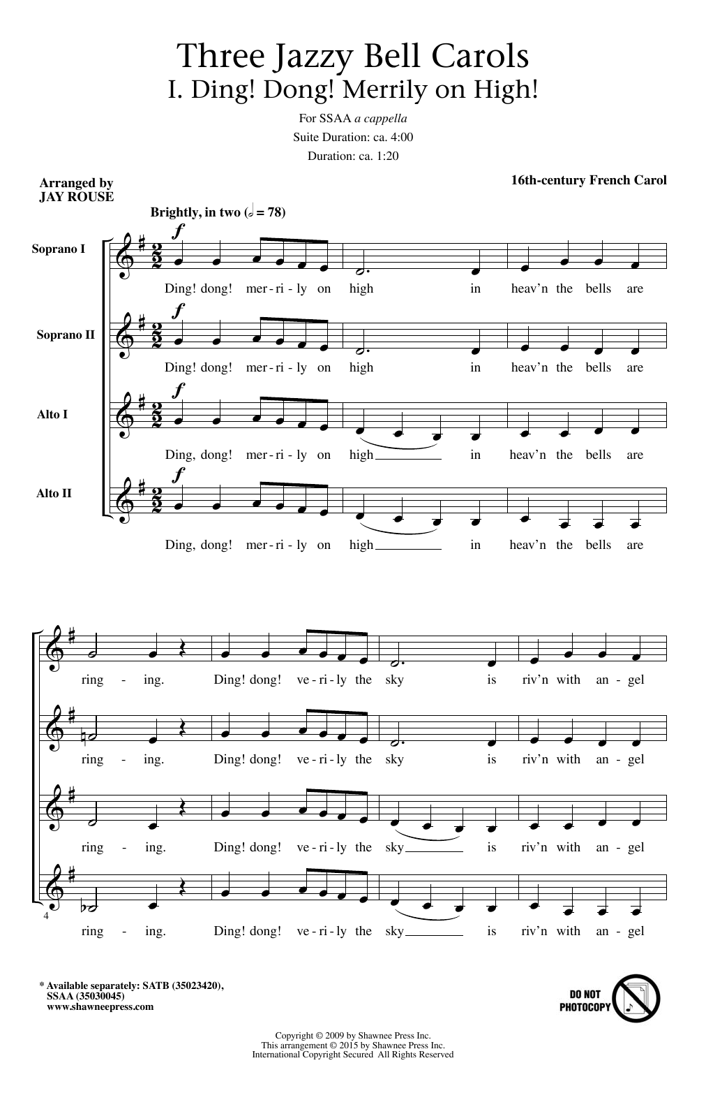 Jay Rouse Three Jazzy Bell Carols sheet music notes and chords arranged for SSAA Choir