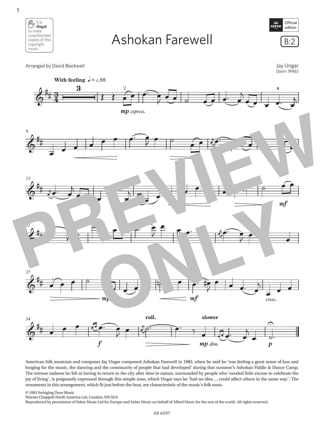 Jay Ungar Ashokan Farewell (Grade 3, B2, from the ABRSM Violin Syllabus from 2024) sheet music notes and chords arranged for Violin Solo