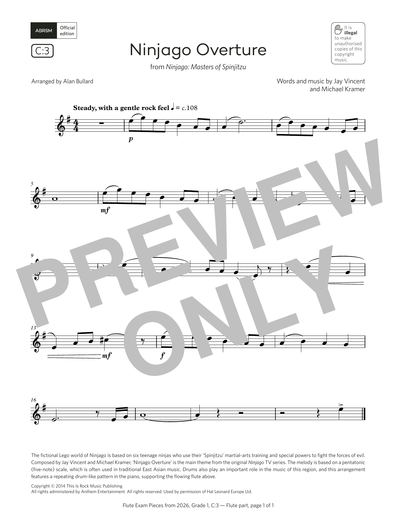 Jay Vincent Ninjago Overture (Grade 1, list C3, from the ABRSM Flute Syllabus from 2026) sheet music notes and chords arranged for Flute Solo