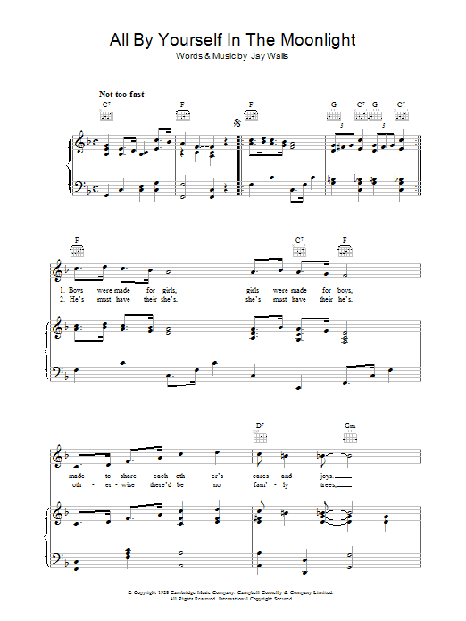 Jay Wallis All By Yourself In The Moonlight sheet music notes and chords arranged for Piano, Vocal & Guitar Chords