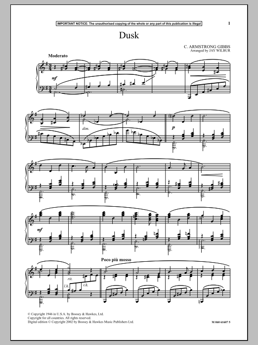 Jay Wilbur Dusk sheet music notes and chords arranged for Piano Solo