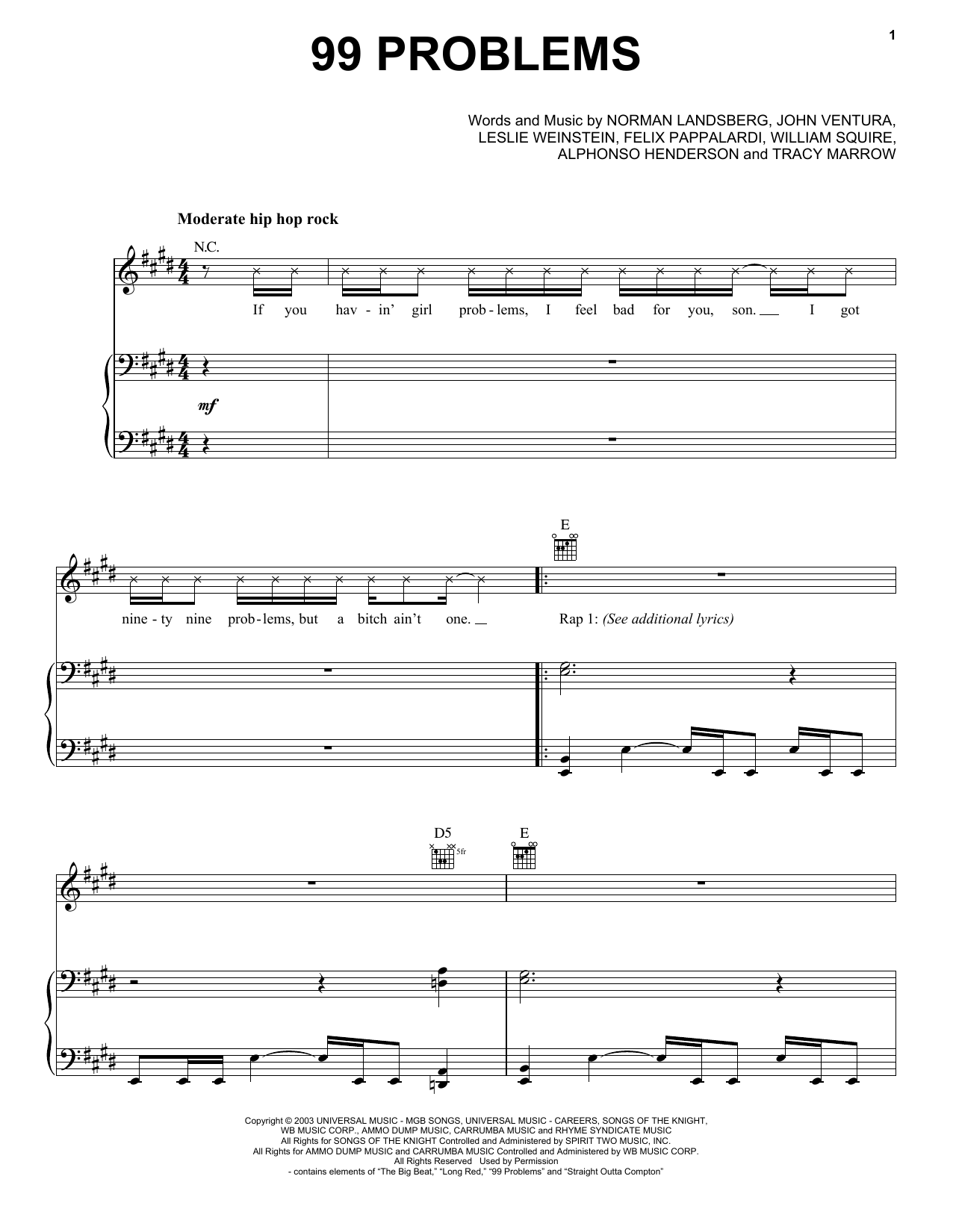 Jay-Z 99 Problems sheet music notes and chords arranged for Piano, Vocal & Guitar Chords (Right-Hand Melody)