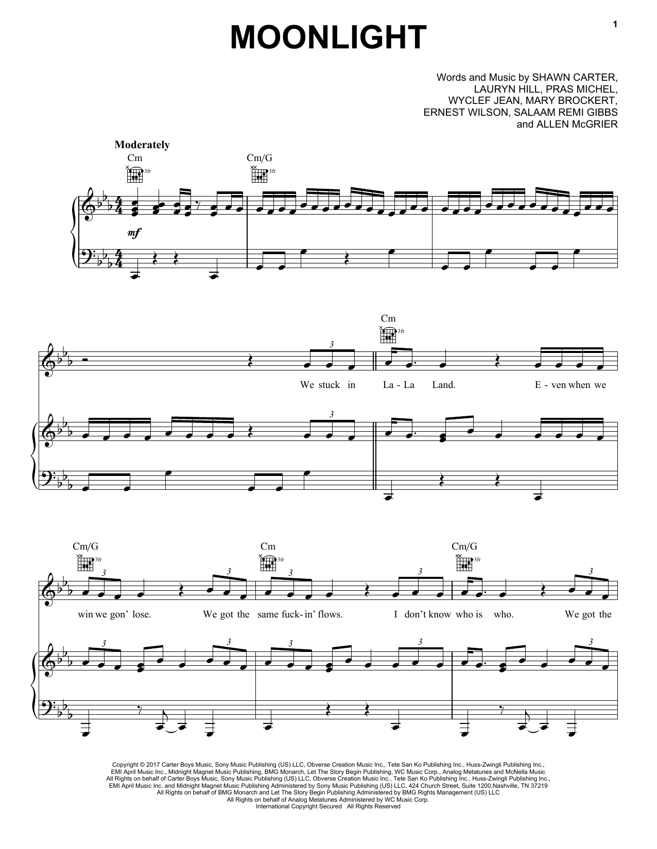 Jay-Z Moonlight sheet music notes and chords arranged for Piano, Vocal & Guitar Chords (Right-Hand Melody)