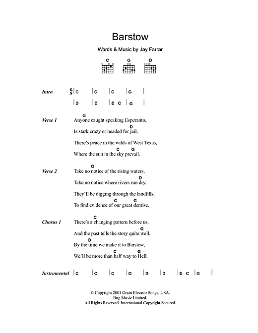 Jay Farrar Barstow sheet music notes and chords arranged for Guitar Chords/Lyrics