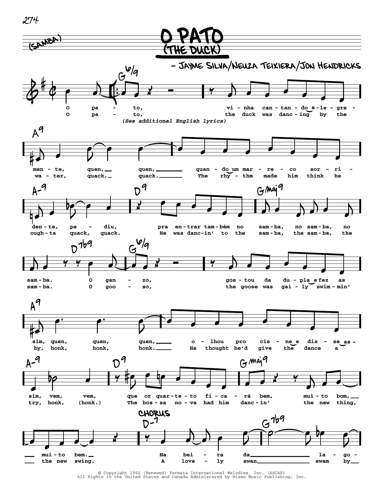 Jayme Silva O Pato (The Duck) (High Voice) sheet music notes and chords arranged for Real Book – Melody, Lyrics & Chords