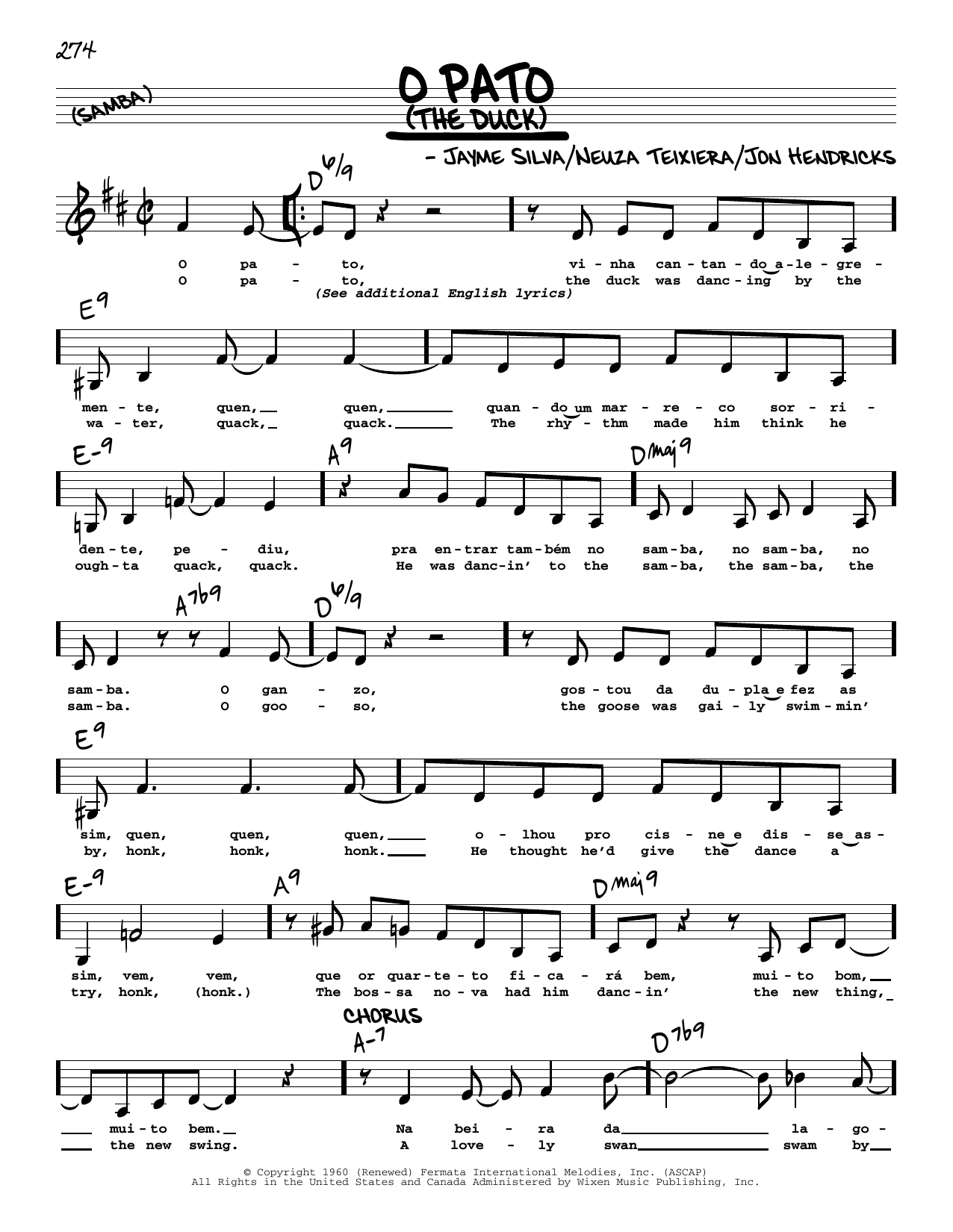 Jayme Silva O Pato (The Duck) (Low Voice) sheet music notes and chords arranged for Real Book – Melody, Lyrics & Chords