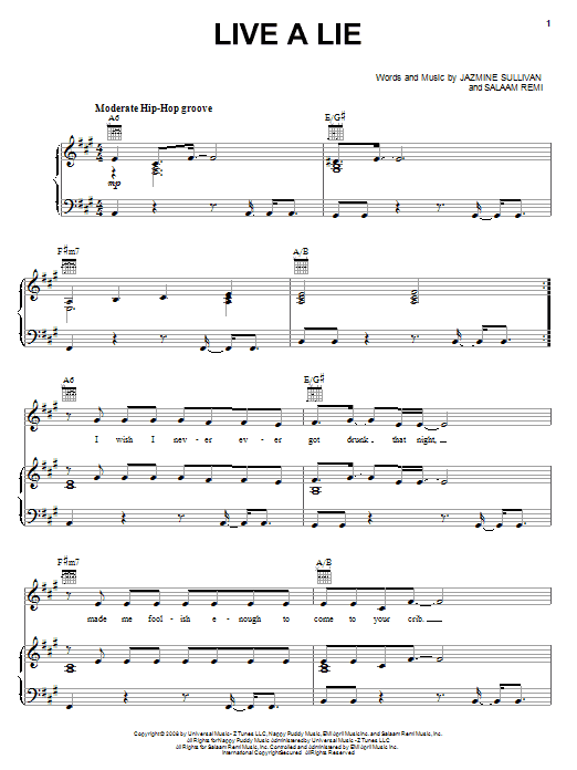 Jazmine Sullivan Live A Lie sheet music notes and chords arranged for Piano, Vocal & Guitar Chords (Right-Hand Melody)