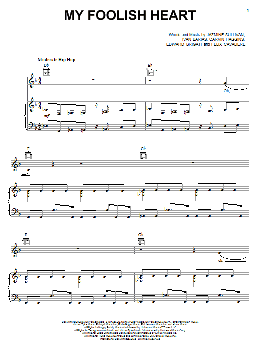 Jazmine Sullivan My Foolish Heart sheet music notes and chords arranged for Piano, Vocal & Guitar Chords (Right-Hand Melody)