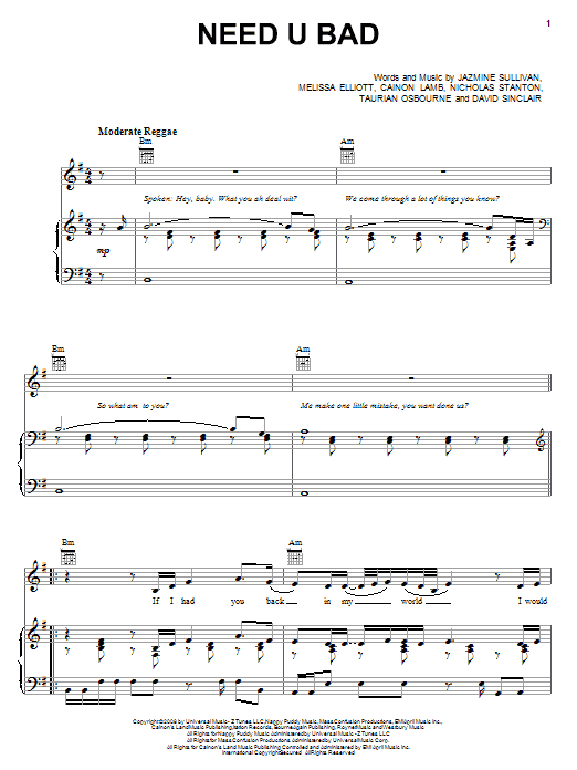 Jazmine Sullivan Need U Bad sheet music notes and chords arranged for Piano, Vocal & Guitar Chords (Right-Hand Melody)