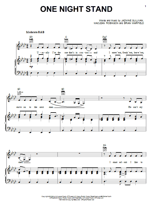 Jazmine Sullivan One Night Stand sheet music notes and chords arranged for Piano, Vocal & Guitar Chords (Right-Hand Melody)