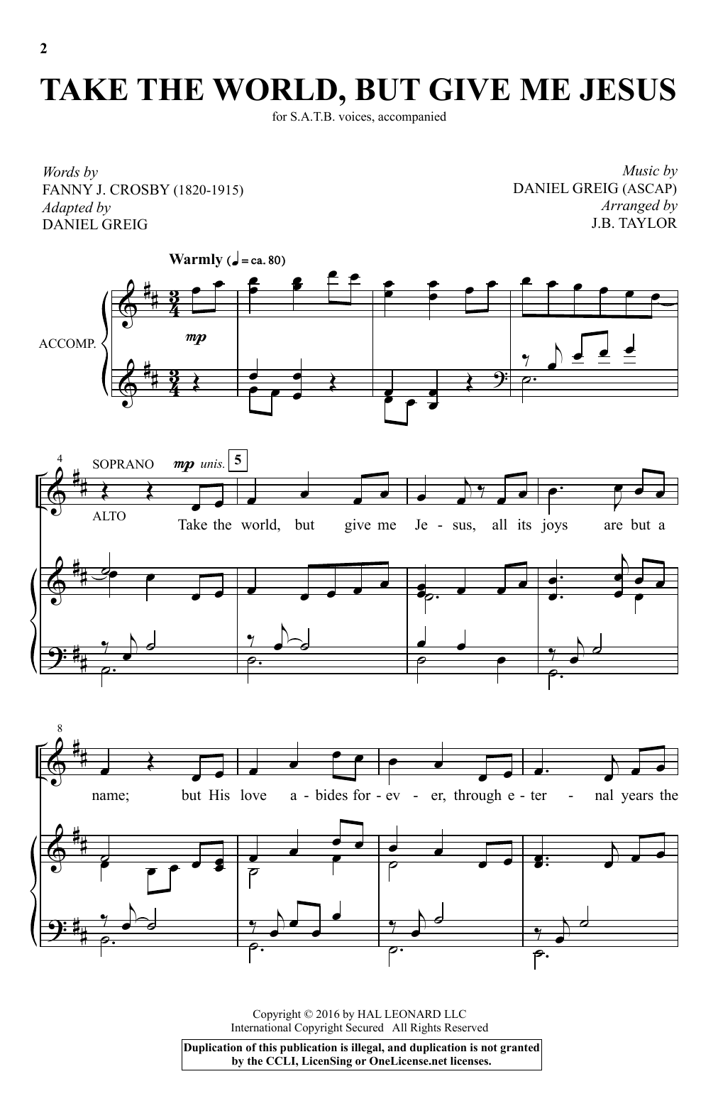 J.B. Taylor Take The World But Give Me Jesus sheet music notes and chords arranged for SATB Choir