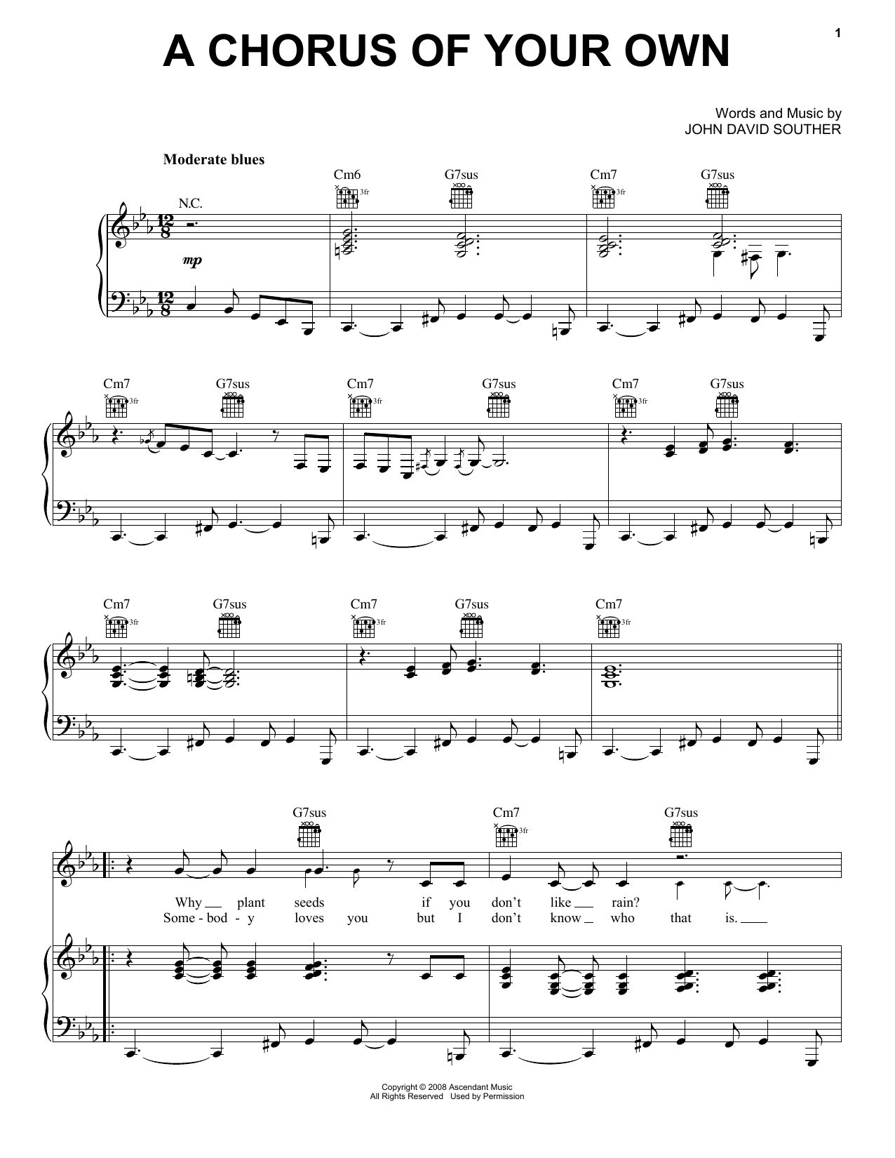 J.D. Souther A Chorus Of Your Own sheet music notes and chords arranged for Piano, Vocal & Guitar Chords (Right-Hand Melody)