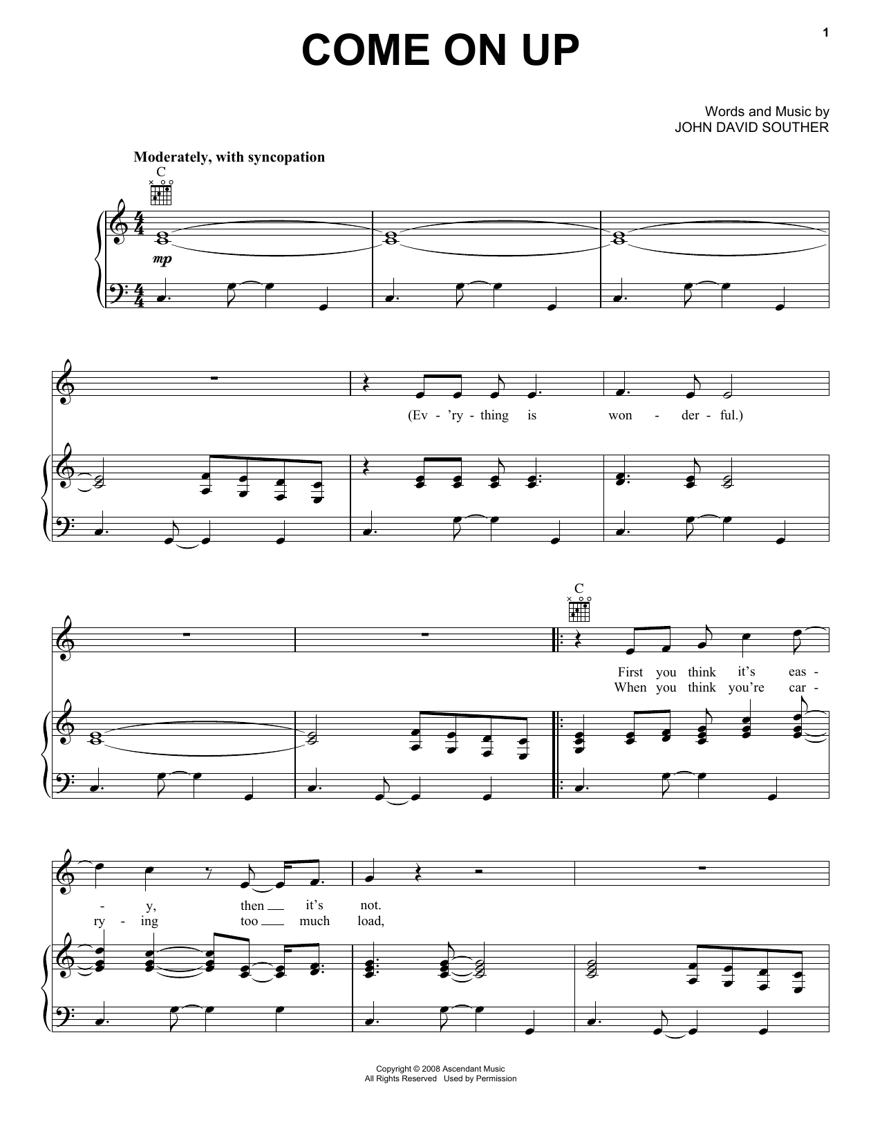 J.D. Souther Come On Up sheet music notes and chords arranged for Piano, Vocal & Guitar Chords (Right-Hand Melody)